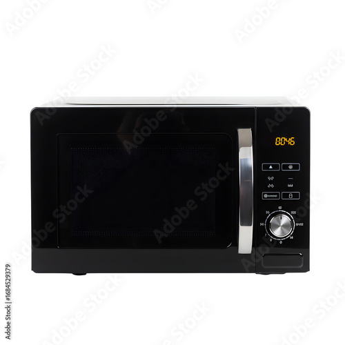 Sleek modern black microwave oven, minimal design, isolated on white background, perfect for kitchen appliance product showcase and advertising.