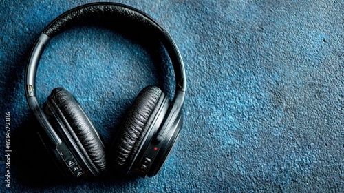 Overhead shot of black over ear headphones on a dark blue textured surface.