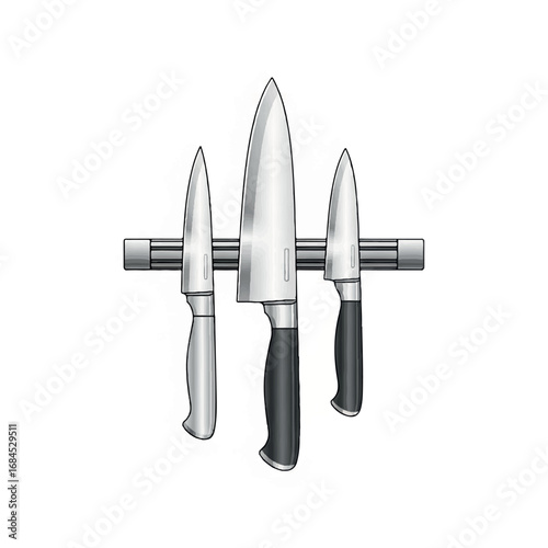 Three kitchen knives on a magnetic strip.