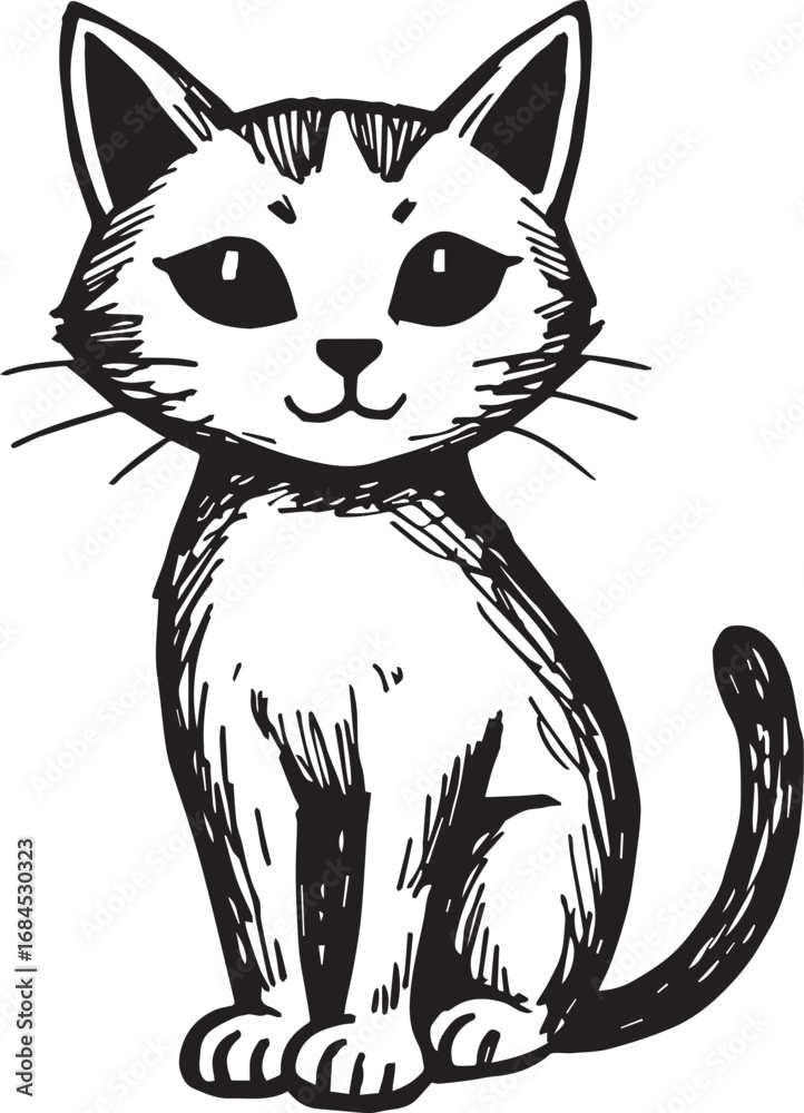 Obraz premium Cat Doodle Black and White Illustration Vector Image Cute Kitten Sketch Line Art Drawing Silhouette 