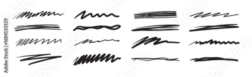 Collection of black hand drawn grunge brush strokes. Underline stroke brush set pencil crayon lines mark brush lines paint vector stroke. Hand drawn charcoal pencil underline vector illustration.
