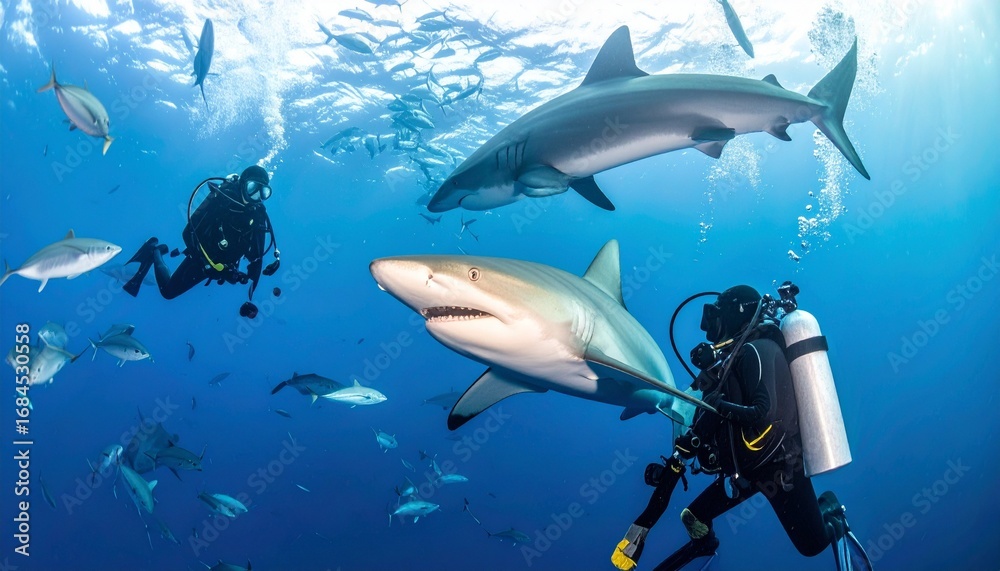 Obraz premium underwater scene with scuba diver, sharks, fish, and coral reef