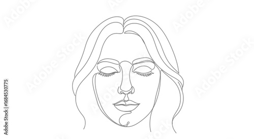 Elegant linear portrait of a serene woman with flowing hair and closed eyes