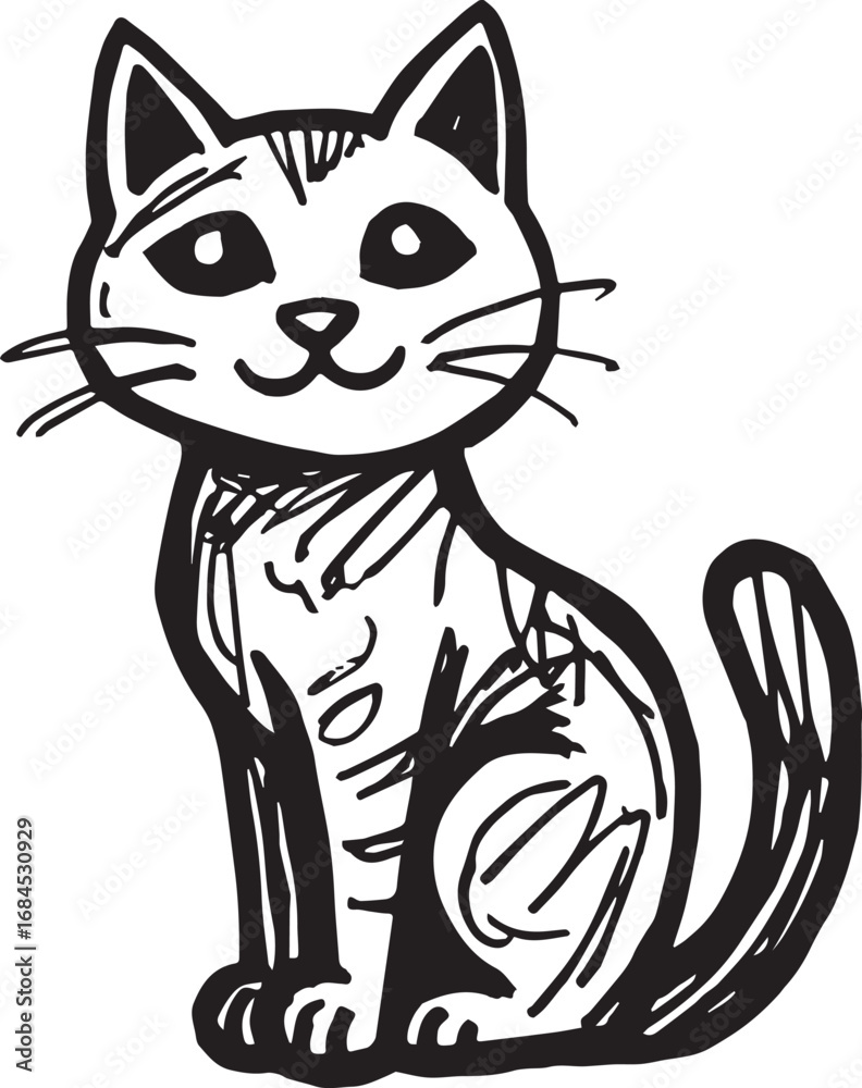 Obraz premium Cat Doodle Black and White Illustration Vector Image Cute Kitten Sketch Line Art Drawing Silhouette