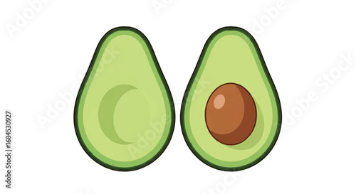 Two halves of a fresh avocado one with a pit on a white background.