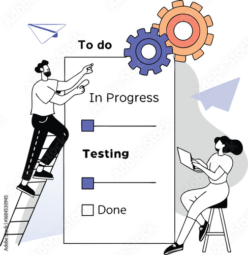 Agile project management team collaborating on a kanban board with tasks and progress gears