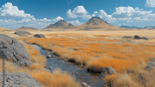 Serene Stream and Golden Grasslands Under a Blue Sky, Majestic Mountains in the Background