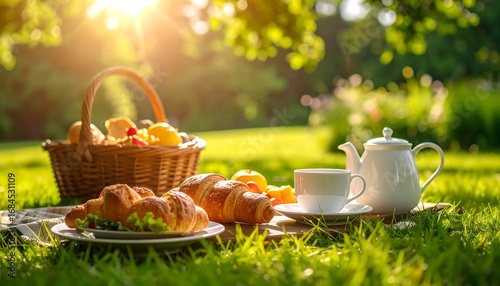 Fototapeta Naklejka Na Ścianę i Meble -  Sunny picnic basket, croissants, tea on a blanket in a park