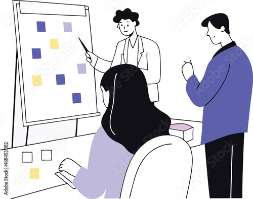 Agile project management team collaborating on kanban board with sticky notes meeting success