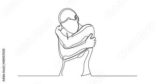 Continuous line art of a person embracing themselves symbolizing self-love and comfort