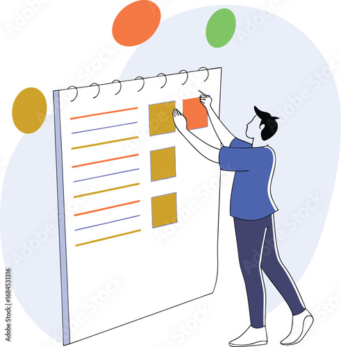 Man strategizing project workflow on agile kanban board for efficient business productivity