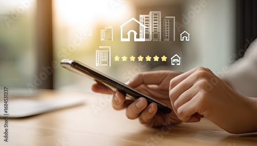 Person using smartphone, overlaid with real estate icons and stars