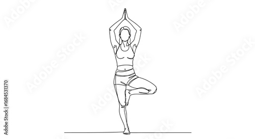 Line art illustration of a woman practicing yoga in tree pose for relaxation and wellness