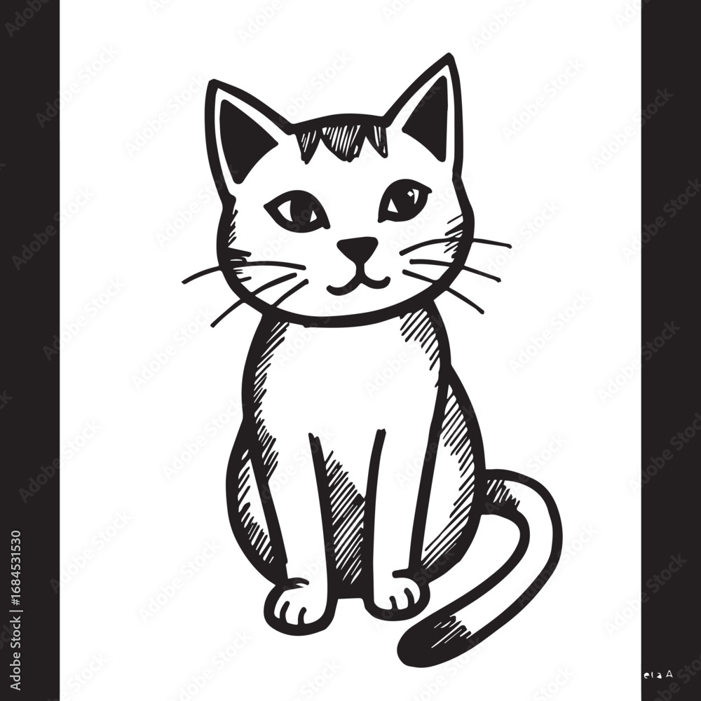 Obraz premium Cat Doodle Black and White Illustration Vector Image Cute Kitten Sketch Line Art Drawing Silhouette