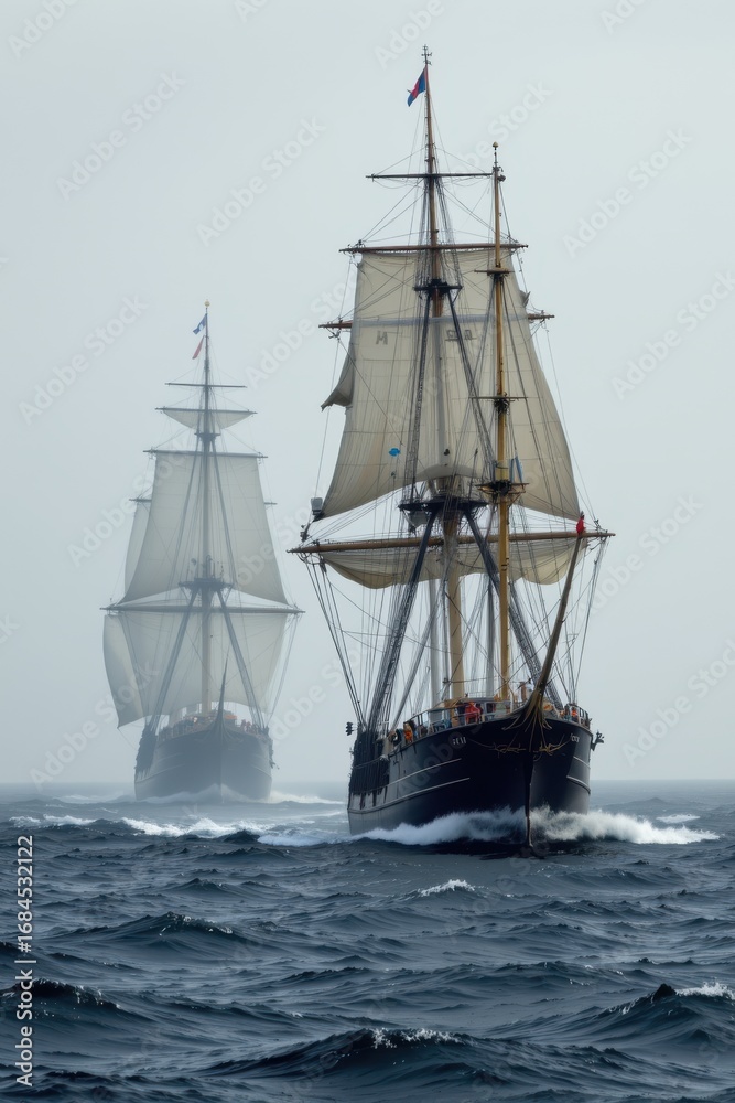 Fototapeta premium Traditional Sail Ships Gliding Through Open