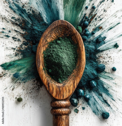 Wooden spoon holding green-blue powder, surrounded by colorful powder explosion