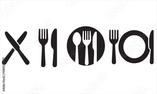 Set of Cutlery Utensil Icons Including Fork, Knife, Spoon, and Plate Silhouettes