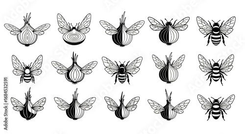 Intricate pattern showcasing a whimsical fusion of onion bulbs and honey bee design elements
