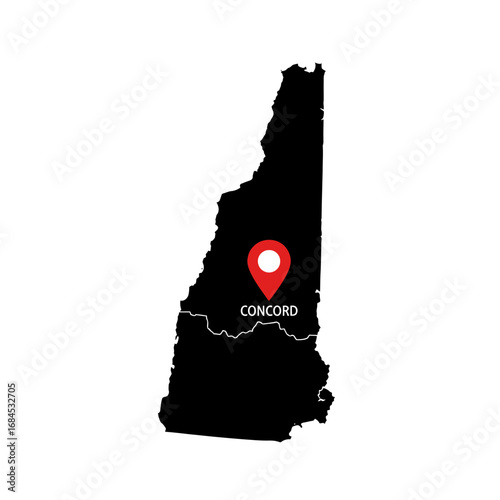 Geographic depiction of New Hampshire focusing on the capital city of Concord for illustration