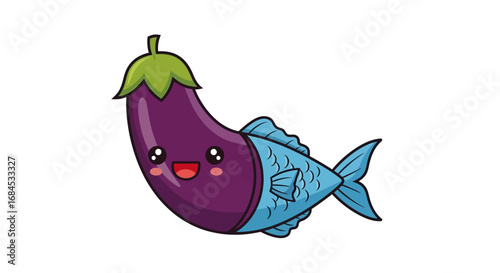 Whimsical eggplant fish fusion with kawaii eyes floats in a sea of imagination