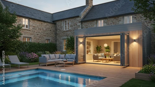 Luxury backyard oasis with swimming pool, modern patio furniture, and illuminated extension of a stone house