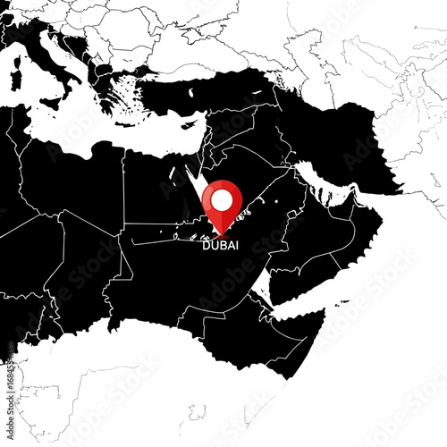 Dubai location marked on a simplified world map with middle east centered visualization