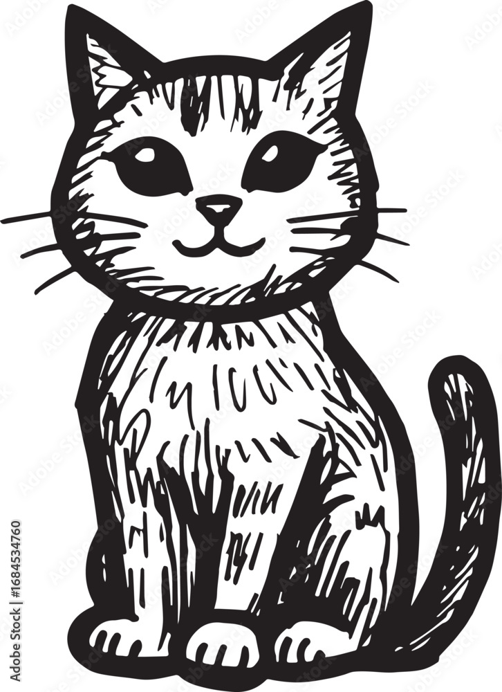 Obraz premium Cat Doodle Black and White Illustration Vector Image Cute Kitten Sketch Line Art Drawing Silhouette 
