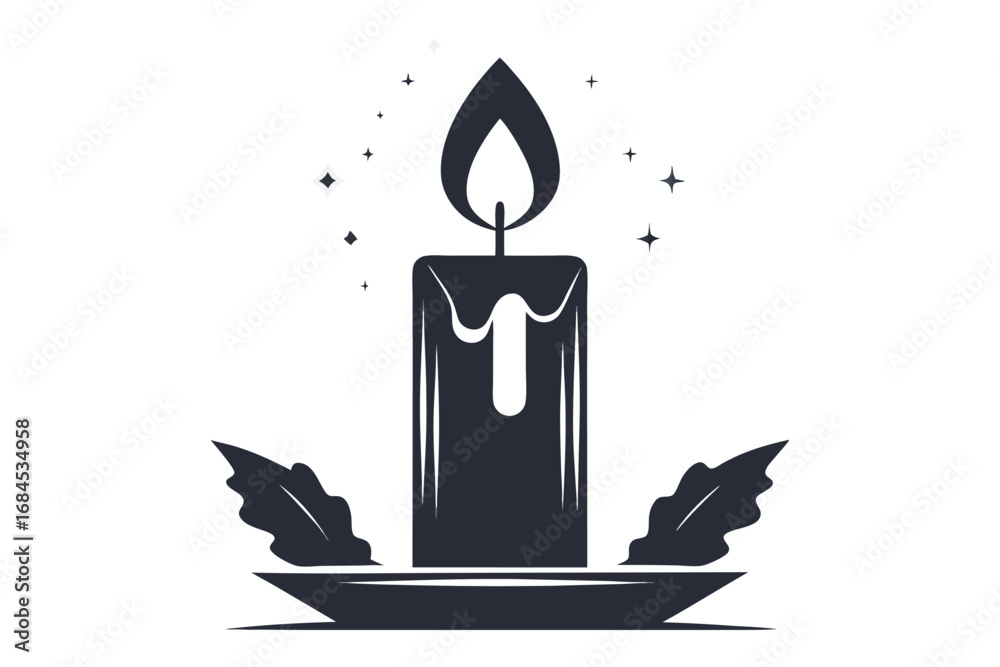 Obraz premium Candlelight with Holly Leaves and Stars on White Background Design