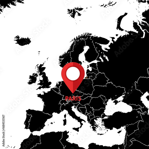 European map marked with prominent location pin over Paris captivating cartographic visualization