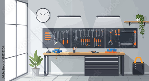 A brightly lit workshop interior with tools organized neatly on the wall