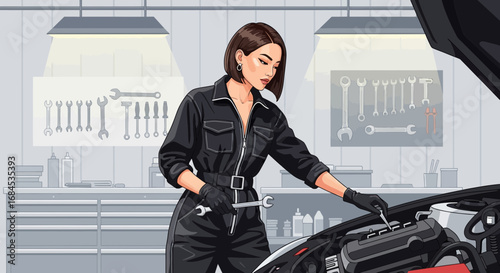 A skilled woman mechanic meticulously repairs a car engine in her garage