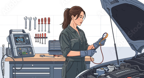 Auto Mechanic Expert Inspecting Car Engine With Diagnostic Gauge Equipment