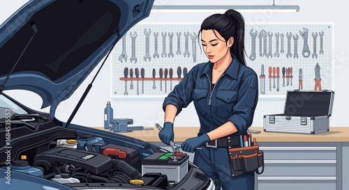 Auto mechanic female working on vehicle battery in workshop environment
