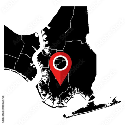 Stylized new york city map with a prominent location pin marking an area