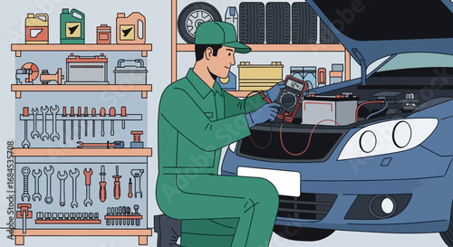 Automotive Mechanic Inspecting Car Battery with Multimeter in Repair Shop