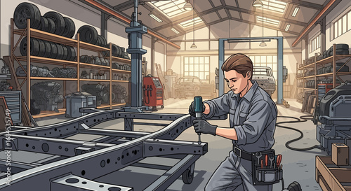 Automotive mechanic assembling car frame in a well-equipped garage setting