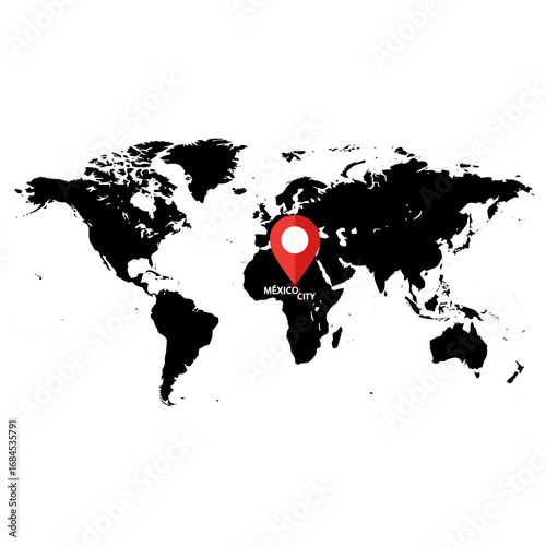 Global pinpoint location of Mexico City illustrated on world map artwork design