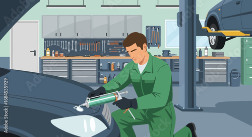 Automotive technician applying sealant to a car headlight in repair shop