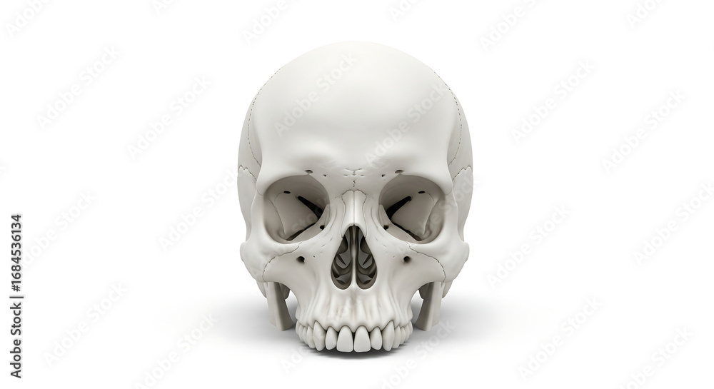 Fototapeta premium A White Human Skull with Visible Sockets and Teeth on a White Background with Subtle Shadowing