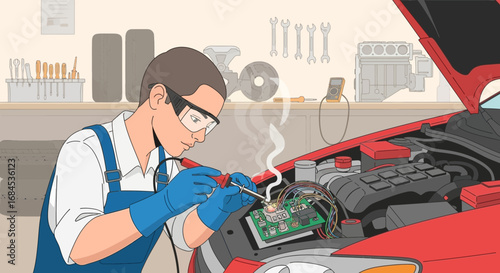 Car Mechanic Repairing Electrical Component with Soldering Iron in Garage