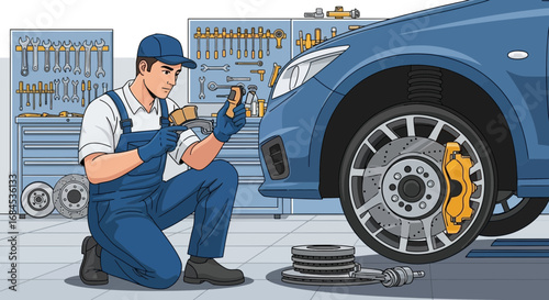 Car mechanic replacing brake pads in a repair shop with tools and car