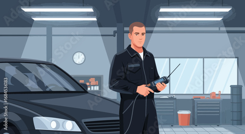Cartoon auto mechanic in a repair shop, holding a diagnostic tool