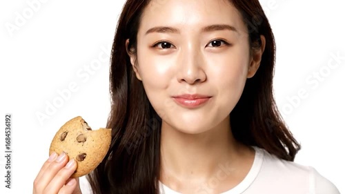 Young Woman Enjoying a Cookie on a white background. generated with ai