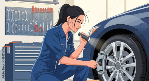 Cartoon illustration of a female mechanic inspecting a car in a garage