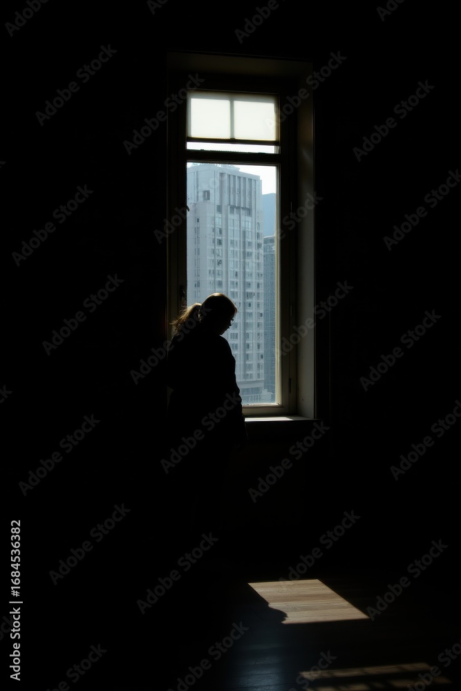 Fototapeta premium Silhouette Person Near Open Window Overlooking Distant Cityscape