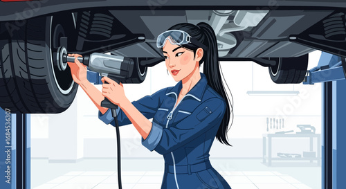 Confident female auto mechanic working on a car in a repair shop