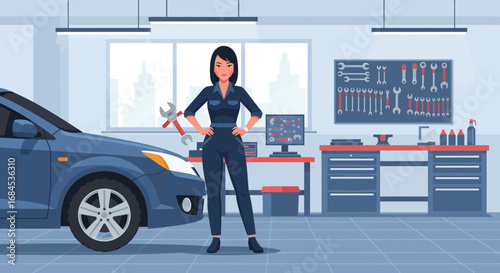 Confident female mechanic in auto repair shop with vehicle and tools