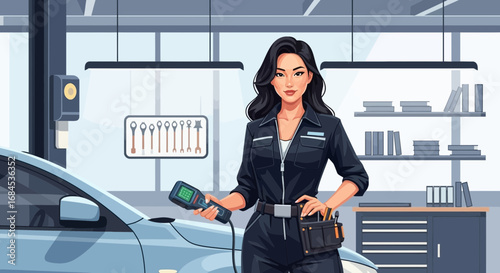 Confident female mechanic inspecting car in auto repair shop setting
