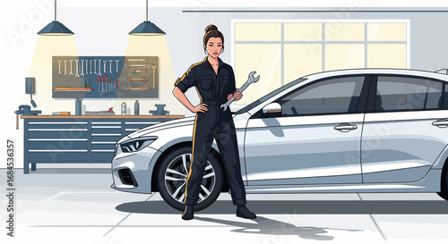 Confident female mechanic poses with a wrench in a professional garage