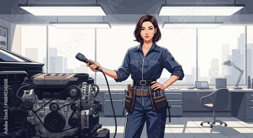 Confident female mechanic posing in auto repair shop, holding tool, car engine